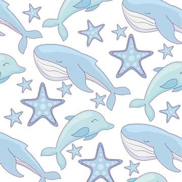 Pattern of cute dolphin with whale and starfish Stock Illustration