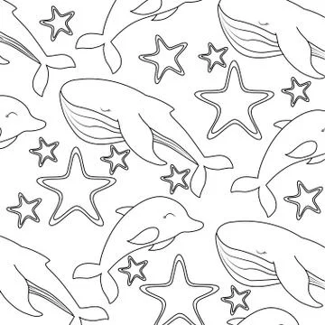 Pattern of cute dolphin with whale and starfish Stock Illustration
