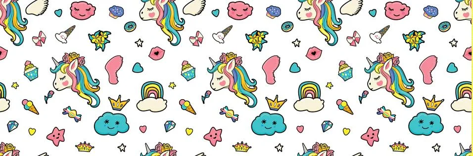 Pattern with cute faces of unicorns, ice cream, stars, hearts, donut, rainbow Stock Illustration