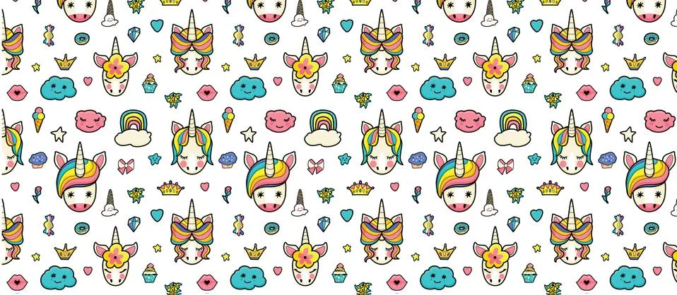 Pattern with cute faces of unicorns, ice cream, stars, hearts, donut, rainbow Stock Illustration