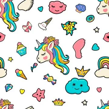 Pattern with cute faces of unicorns, ice cream, stars, hearts, donut, rainbow Stock Illustration