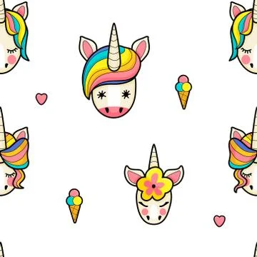 Pattern with cute faces of unicorns, ice cream, hearts. Stock Illustration
