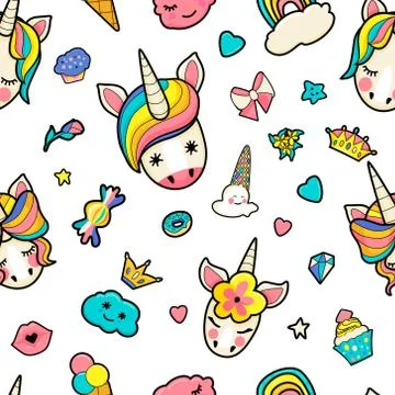 Pattern with cute faces of unicorns, ice cream, stars, hearts, donut, rainbow Stock Illustration