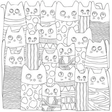 Pattern with cute funny cats. Black and white background. Page for Adult co.. Stock Illustration