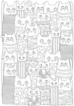 Pattern with cute funny cats. Black and white background. Page for Adult colo Stock Illustration