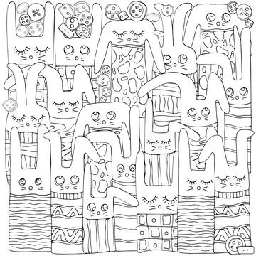 Pattern with cute funny rabbits. Black and white background. Page for Adult.. Stock Illustration