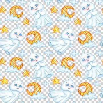 Pattern cute ghosts moon and stars watercolor Stock Illustration