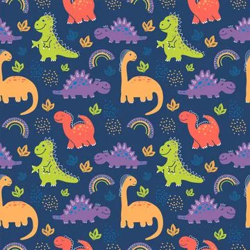 Pattern with cute green, orange dino rex Stock Illustration