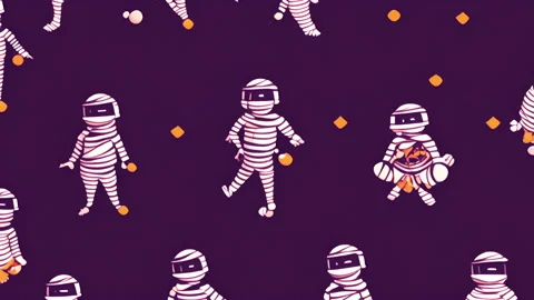 Pattern of cute halloween cartoon mummies holding pumpkins and candy Stock Footage 308843138