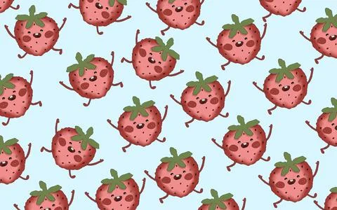 Pattern of Cute happy Cartoon Strawberries Character drawn With Expressive Face Stock Illustration