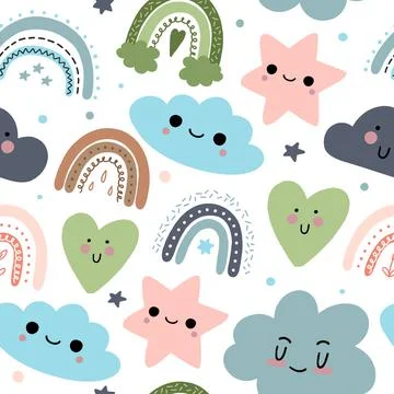 The pattern of cute hearts of stars and rainbows with kawaii eyes. For decora Stock Illustration