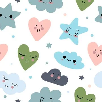 The pattern of cute hearts of stars and rainbows with kawaii eyes. For decora Stock Illustration