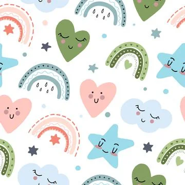 The pattern of cute hearts of stars and rainbows with kawaii eyes. For decora Stock Illustration