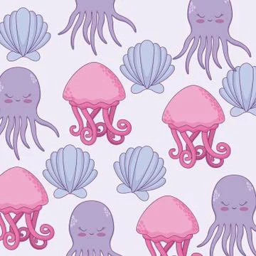 Pattern of cute jellyfish and octopus with seashell 스톡 일러스트