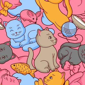 Pattern with cute kawaii cats. Fun animal background. Stock Illustration