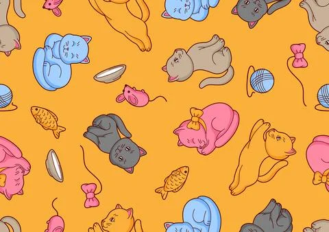 Pattern with cute kawaii cats. Fun animal background. Stock Illustration