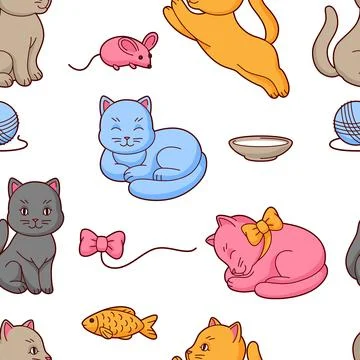 Pattern with cute kawaii cats. Fun animal background. イラスト素材