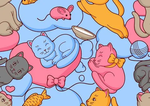 Pattern with cute kawaii cats. Fun animal background. Illustrazione stock