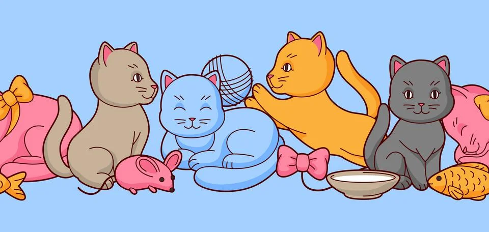 Pattern with cute kawaii cats. Fun animal background. Illustrazione stock