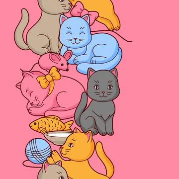 Pattern with cute kawaii cats. Fun animal background. Illustrazione stock