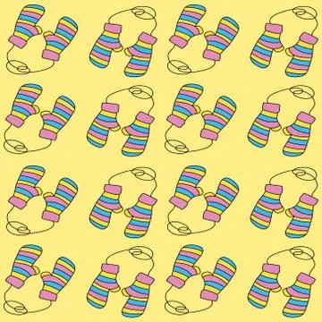 Pattern of cute knitted mittens on a yellow background. Warm striped mittens for Stock Illustration