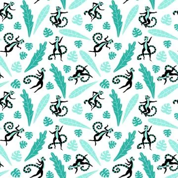 Pattern with cute lemurs and floral elements Stock Illustration