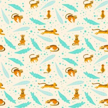 Pattern with cute leopards and floral elements Stock Illustration