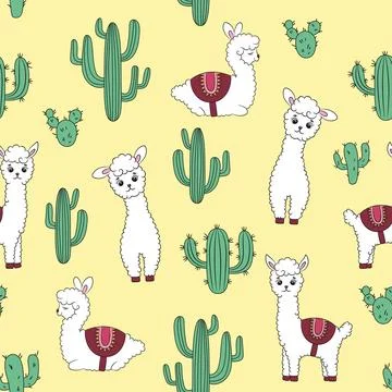 Pattern with cute llamas and cacti. Stock Illustration