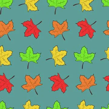 Pattern with cute maple leaves on blue background Stock Illustration