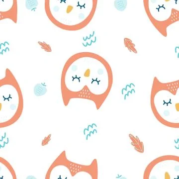 A pattern of cute orange owls with abstract elements on white background Illustrazione stock