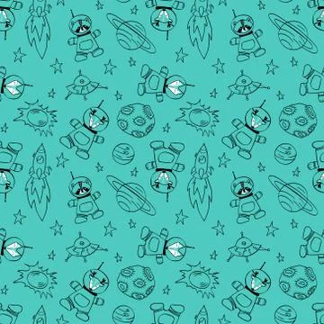 Pattern with cute outline animals in space Stock Illustration