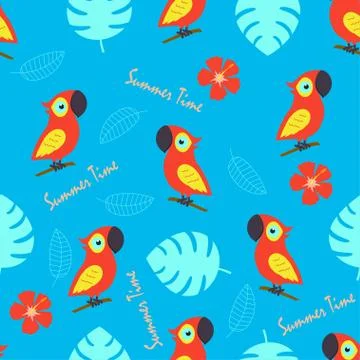 Pattern with cute parrot and tropical leaves 스톡 일러스트