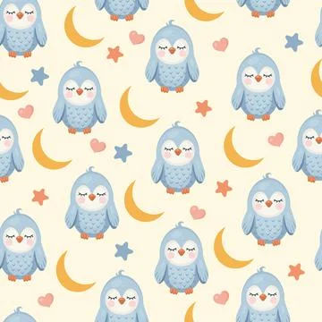 A pattern of cute penguins and stars on a white background Stock Illustration