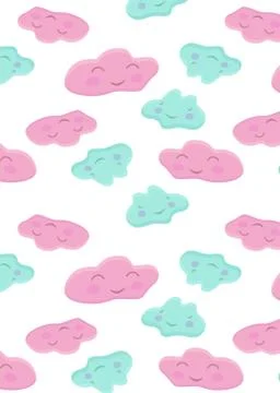 Pattern with cute pink and blue cloud characters Stock Illustration