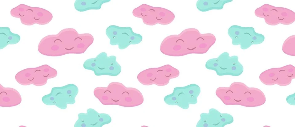 Pattern with cute pink and blue cloud characters Illustrazione stock