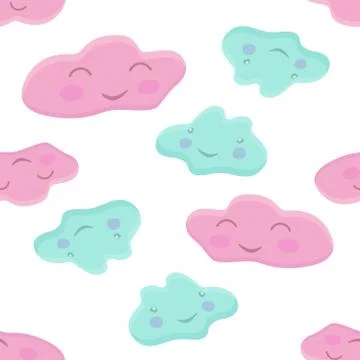 Pattern with cute pink and blue cloud characters Stock Illustration