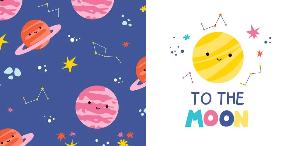 Pattern with the cute planet in outer space. Stock Illustration