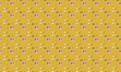 Pattern of cute purple hearts and yellow stars on yellow background Stock Illustration