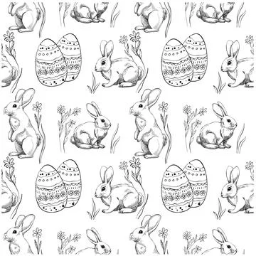 Pattern with cute Rabbits and Floral Selection of Doodle Easter Set with Bunnies Illustrazione stock