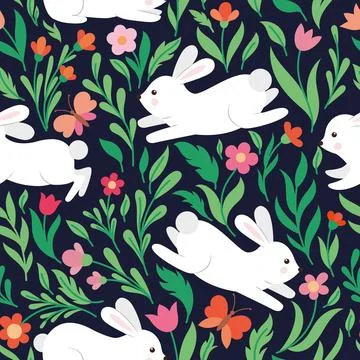 Pattern with cute rabbits and flowers Stock Illustration