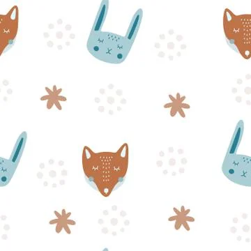 A pattern of cute rabbits and foxes with abstract elements. Seamless pattern Illustrazione stock