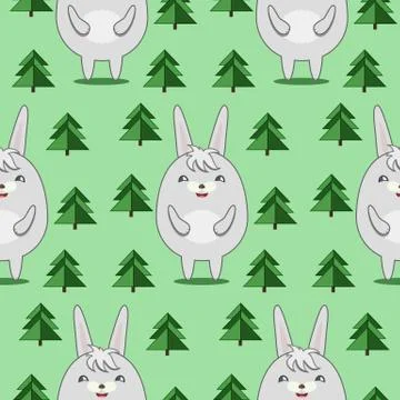 Pattern with Cute Rabbits in Firs Forrest Stock Illustration