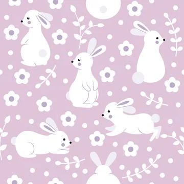 Pattern with cute rabbits on a lilac background Stock Illustration