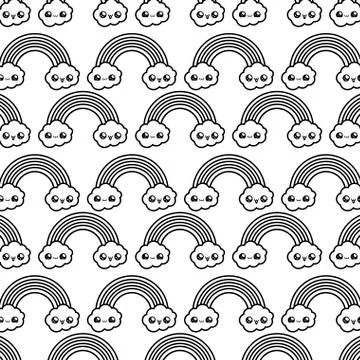 Pattern of cute rainbow with clouds kawaii style Stock Illustration