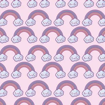 Pattern of cute rainbow with clouds kawaii style Stock Illustration