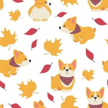 Pattern cute red dogs and autumn leaves Stock Illustration
