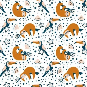 Pattern with cute sloths, toucans and watermelon Stock Illustration