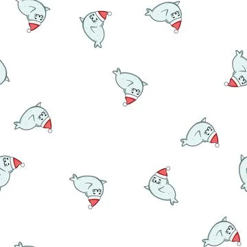 Pattern Cute smiling seal wearing festive santa hat Stock Illustration