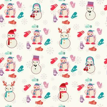 Pattern with cute snowmen and mitten. Stock Illustration