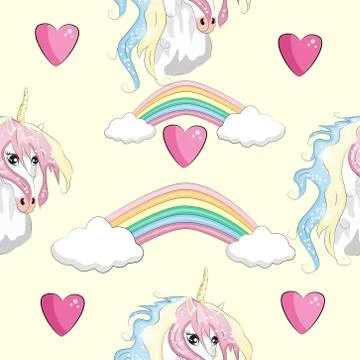 Pattern with cute unicorns, clouds,rainbow and stars. Magic background with l Illustrazione stock